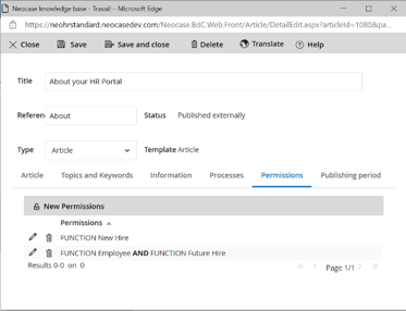 Permissions options for HR Knowledge Base