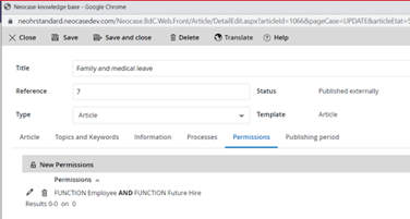 Permissions options for HR Knowledge Base